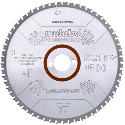 Metabo Lame de scie circulaire "Laminate cut Professional" 216x30 Z60 FZ/TZ 0° 628442000