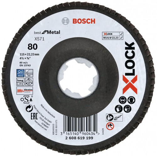 BOSCH Plateaux a lamelles X-LOCK, 115 mm, G 80, X571, Best for Metal 2608619199