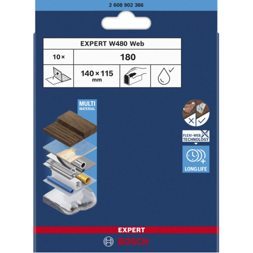 BOSCH Feuille abrasive pour ponçage manuel EXPERT W480 Web 1/4, 115 x 140 mm, G180